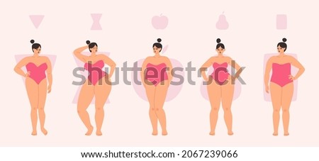Plump female body types are apple, triangle, hourglass and rectangle. Diverse women in swimsuits stand in a row. Vector illustration of chubby girls in pink isolated. Royalty-Free Stock Photo #2067239066