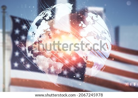 Multi exposure of abstract graphic world map hologram on US flag and city background, connection and communication concept