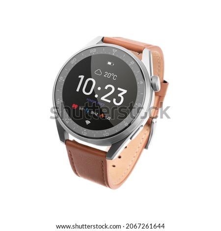 Smart watch with display on. Fashion watch with leather strap. Royalty-Free Stock Photo #2067261644