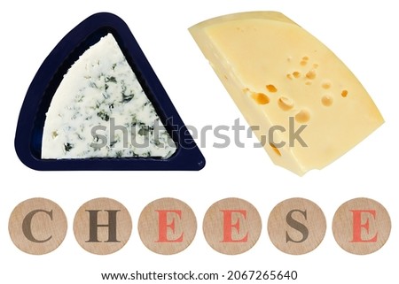 Yellow cheese and blue cheese on an isolated white background. The word cheese with a picture for children's books, alphabet, educational games