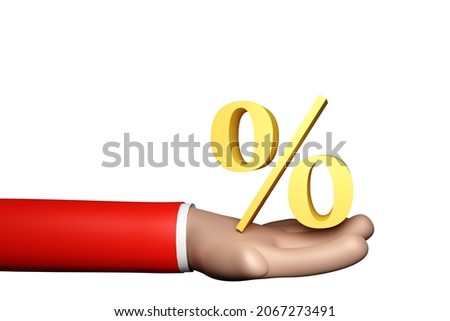 Cartoon hand with  percentage symbol gold color. 3d render illustration on white background.
