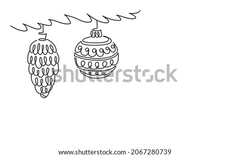 Christmas Ball and Fir Cone on Fir Branch Outline Vector Illustration. One Line Art. Template for web, Christmas cards, posters