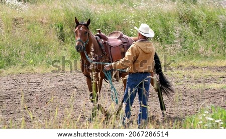 A cowboy with a horse in the field
