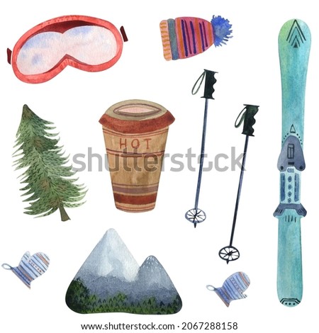 Watercolor set of elements about ski holidays in the mountains with skies, hot drink cup, ski sticks, hat, glasses, pine tree, mountain, gloves