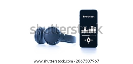 Podcast background. Mobile smartphone screen with podcast application, sound headphones. Audio voice with radio microphone on white. Recording studio or podcasting banner with copy space