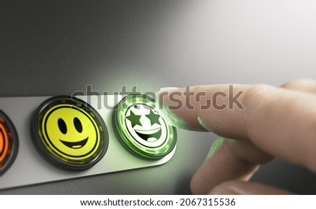 Man pressing a very positive feedback button. Concept of an amazing customer experience (CX). Composite image between a hand photography and a 3D background. Royalty-Free Stock Photo #2067315536