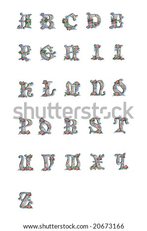 Elegantly decorated alphabet letters A to Z has flowers and ribbon woven into each letter.