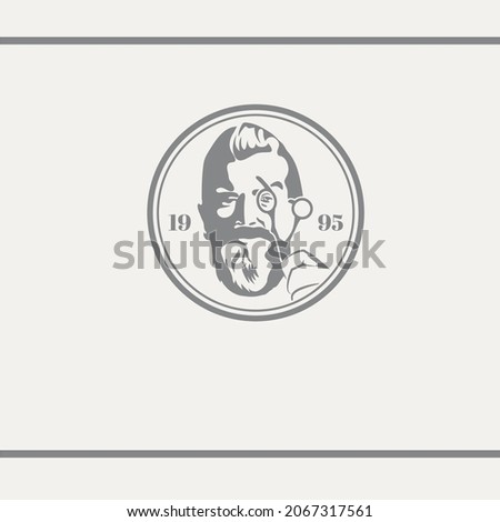 A man with beard is looking through scissors. Barber Shop logo design vector.