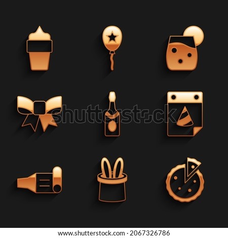 Set Champagne bottle, Magician hat and rabbit ears, Homemade pie, Calendar party, Birthday horn, Gift bow, Cocktail and Ice cream in waffle cone icon. Vector
