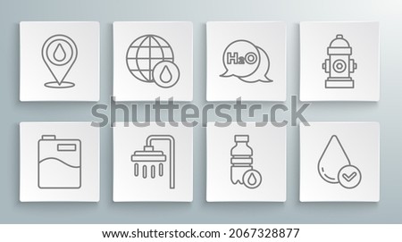 Set line Big bottle with clean water, Earth planet in drop, Shower, Bottle of, Water, Chemical formula for H2O, Fire hydrant and location icon. Vector