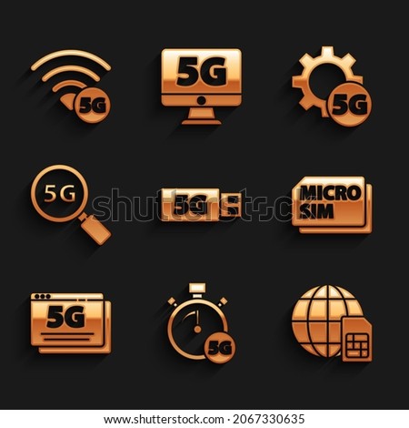 Set 5G modem, Digital speed meter, Globe Sim Card, Micro, network, Search, Setting and  icon. Vector