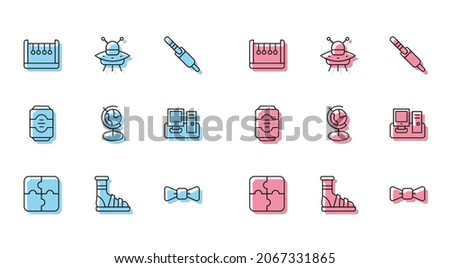 Set line Piece of puzzle, Slippers with socks, Pendulum, Bow tie, Earth globe, Monitor keyboard, Energy drink and UFO flying spaceship icon. Vector