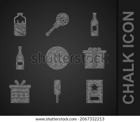 Set Pizza, Ice cream, Greeting card, Gift box, Champagne bottle, Beer and Mulled wine icon. Vector