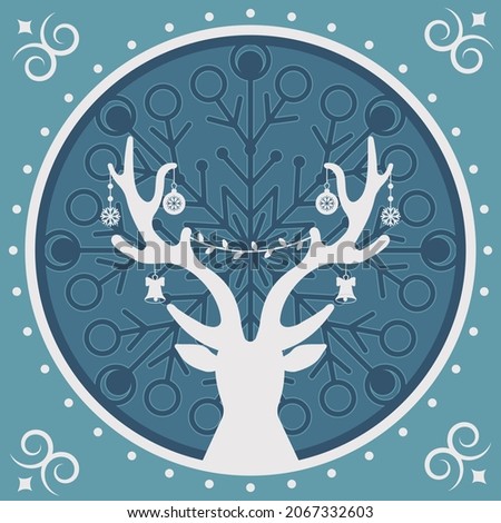 Multi-layered Christmas card deer on a forest background, color vector illustration