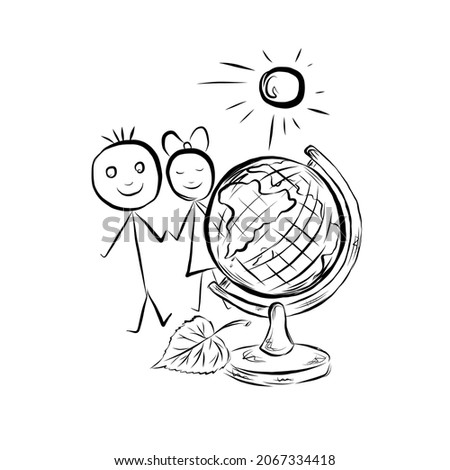 Child's drawing globe, girl, boy and sun. Environmental Protection. Simple linear hand drawing. Logo for school, stationery,