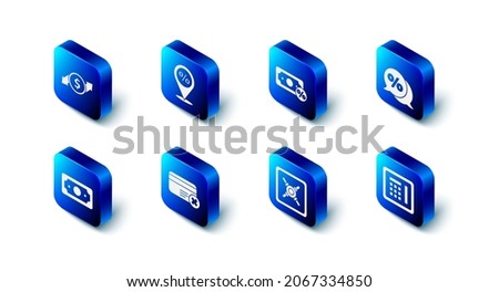 Set Location with percent discount, Money, Discount tag, Safe, Credit card remove, Stacks paper money cash and Financial growth and dollar icon. Vector
