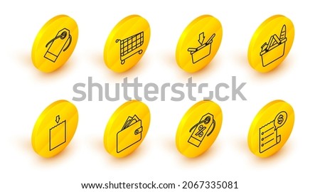 Set line Paper check and financial check, Discount percent tag, Wallet with stacks paper money cash, shopping bag, Shopping basket food, cart and Blank label template price icon. Vector