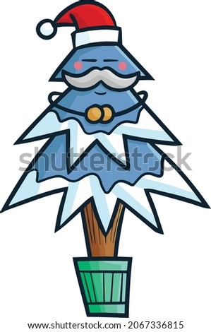 Funny blue christmas pine tree character with moustache