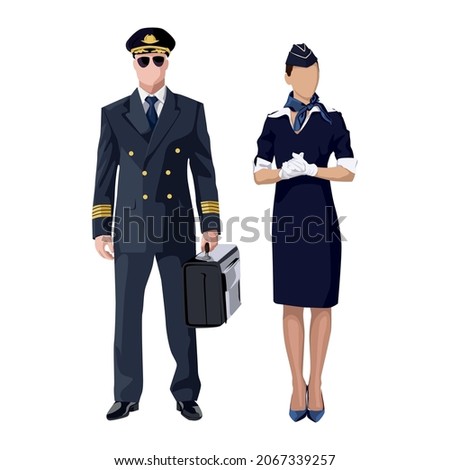 Pilot and stewardess in uniform on a white background - Vector illustration Royalty-Free Stock Photo #2067339257