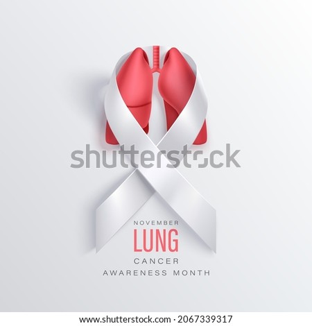 Lung cancer awareness banner with lungs into photorealistic white ribbon on a light backdrop. Symbol of world lung cancer awareness month in november Royalty-Free Stock Photo #2067339317