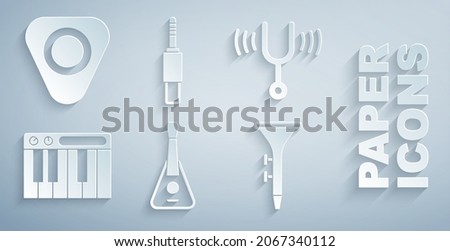 Set Guitar, Musical tuning fork, synthesizer, Drum and drum sticks, Audio jack and pick icon. Vector