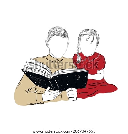 Hand drawing boy and girl reading a book. Cosmic night sky with stars. School-age boy in shirt and pre-school girl in red dress. Portrait Brother and sister. Vector illustration. 