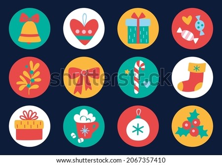 Christmas and New Year icons. Set of round stickers, tags or labels with cute hand drawn elements. Symbols of winter holidays,  decoration, plants, gifts, bell, candy, heart, sock. Vector illustration
