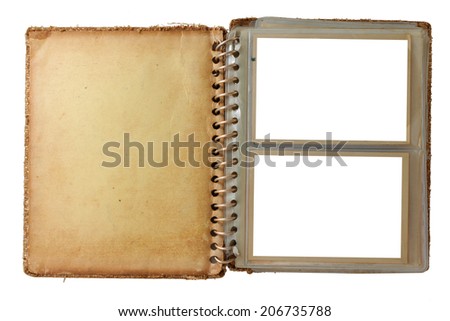 photo album, opened with two pictures, isolated on white