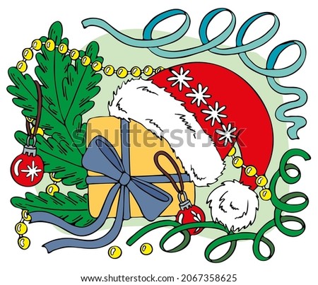 Christmas composition. Santa Claus hat, gift box, spruce branch with decorations and serpentine. Hand drawn vector illustration. Happy holiday.
