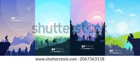 Man watches nature, climbing to top, couple going hike, support of friends. Landscapes set. Travel concept of discovering, exploring, observing nature. Hiking. Adventure tourism. Vector illustration Royalty-Free Stock Photo #2067363158