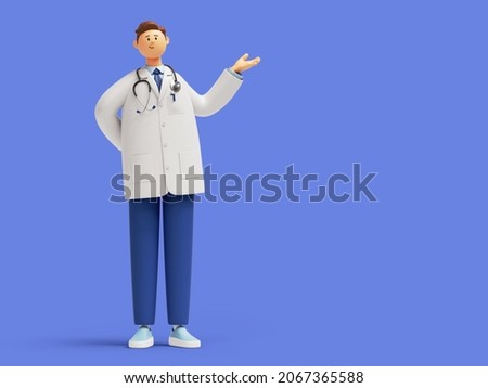 3d render. Doctor cartoon character standing, wearing white lab coat and stethoscope. Clip art isolated on blue background. Professional medical presentation