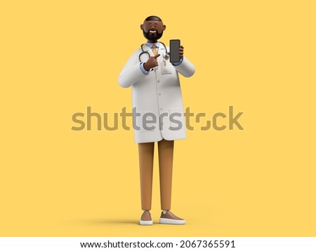 3d render. Happy doctor, african cartoon character shows smart phone device with blank screen. Medical application concept. Clip art isolated on yellow background