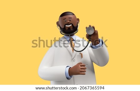3d render. Happy doctor toy, african cartoon character wears white coat and holds stethoscope. Clip art isolated on yellow background. Professional medical consultation