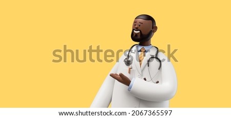 3d render. Doctor african cartoon character shows right, gives recommendation. Clip art isolated on yellow background. Professional presentation
