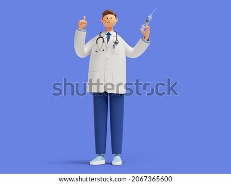 3d render. Doctor cartoon character with finger pointing up, holding syringe with vaccine against coronavirus. Vaccination and immunization. Clip art isolated on blue background