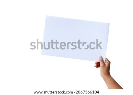 hand holding blank white paper on white background with the clipping path.