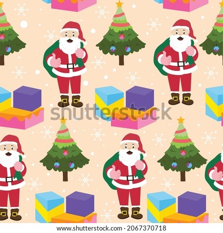 Seamless vector pattern with Christmas elements Santa, gifts, tree.