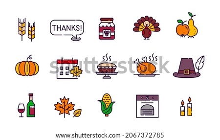 Thanksgiving traditional American holiday icons set in color. Harvest, turkey, vegetables, family dinner and other. Pixel perfect, editable stroke
