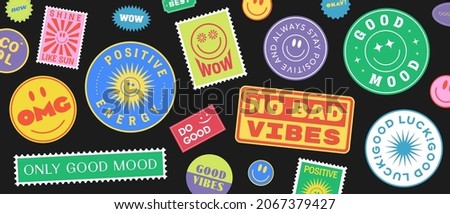 Cool Trendy Patches Vector Design. Abstract background with stickers. Good Vibes, Positive Energy and Good Luck Badges. Royalty-Free Stock Photo #2067379427
