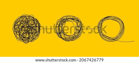 Untangle mind. Psychotherapy concept. Logo of chaos, tangle and change with help of coach. Transformation of brain. Evolution of mind after psychologist. Abstract doodle symbol. Vector. Royalty-Free Stock Photo #2067426779
