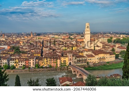 Verona Italy, high angle view city skyline at Adige river and Verona Cathedral
