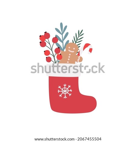 Christmas stocking with sweets and fir branches, in hand drawn style isolated on white background.