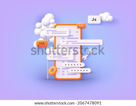 Mobile application development process. Smartphone interface building process, mobile app. 3D Web Vector Illustrations. Royalty-Free Stock Photo #2067478091