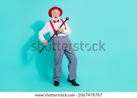 Full length body size view of nice cheerful mister dancing having fun rest festal evening isolated over bright teal turquoise color background