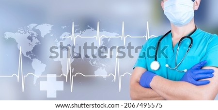 Doctor with stethoscope, Health concept with correct cardiogram and pulse line on abstract digital background and world map. High quality photo