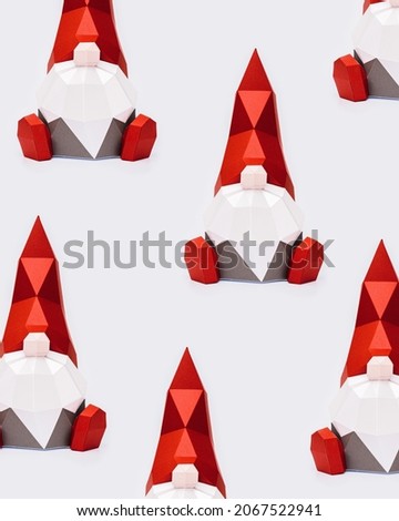 Cute Christmas gnomes in red pointed hat with white beard, paper polygonal figure dwarf, New Year holiday pattern, minimal style.