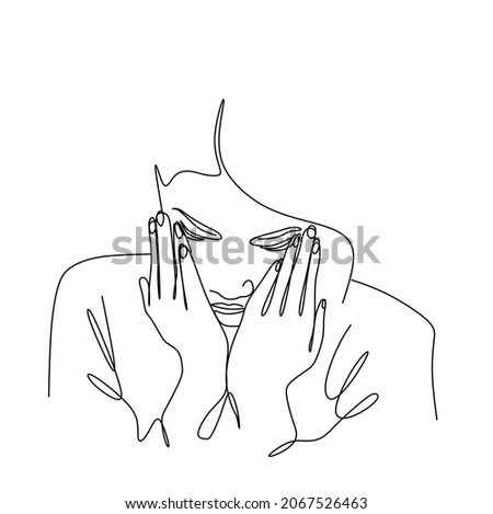 continuous drawing with one line a woman's face wipes tears with her hands. The concept of victim psychology is not self–love Royalty-Free Stock Photo #2067526463