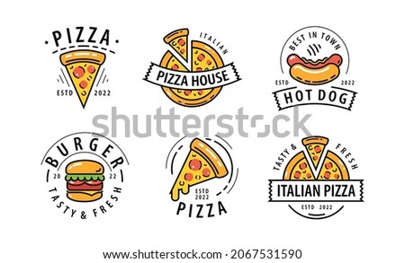 Fast food logos set. Pizza, burger, hot dog emblems for restaurant, cafe menu. Vector illustration