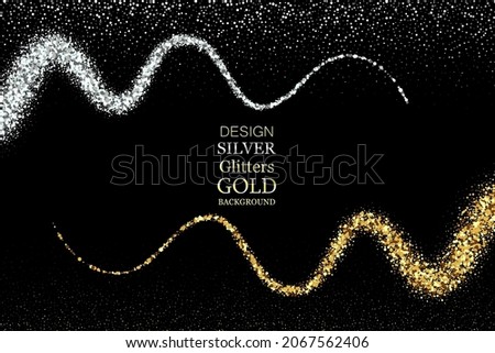 Abstract silver and gold dust in wave form on dark background, brochure template