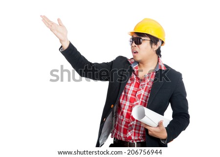 Asian engineer man in bad mood  open his palm asking someone  isolated on white background